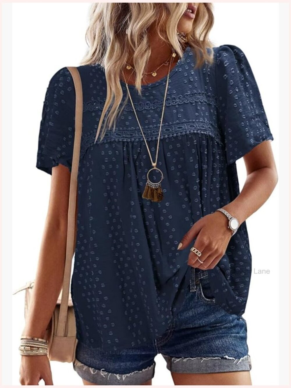 Crewneck Short Sleeve Blouse with Lace Hem - Boho Tunic